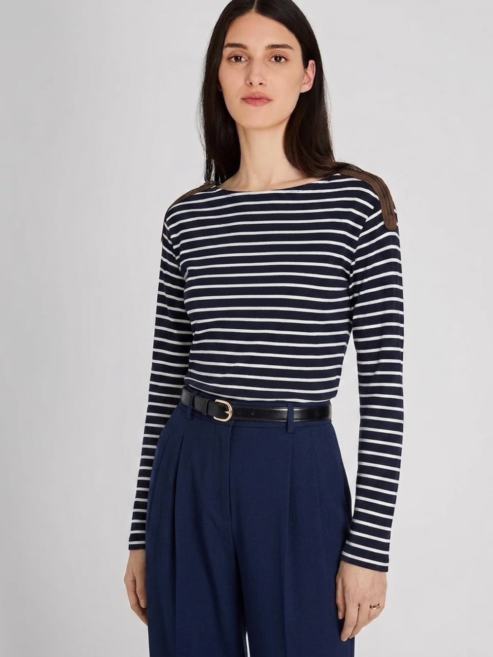 CLUB MONACO Women’s Crewneck Stripe Suede Zip Shoulder Top - Navy/ White, Small